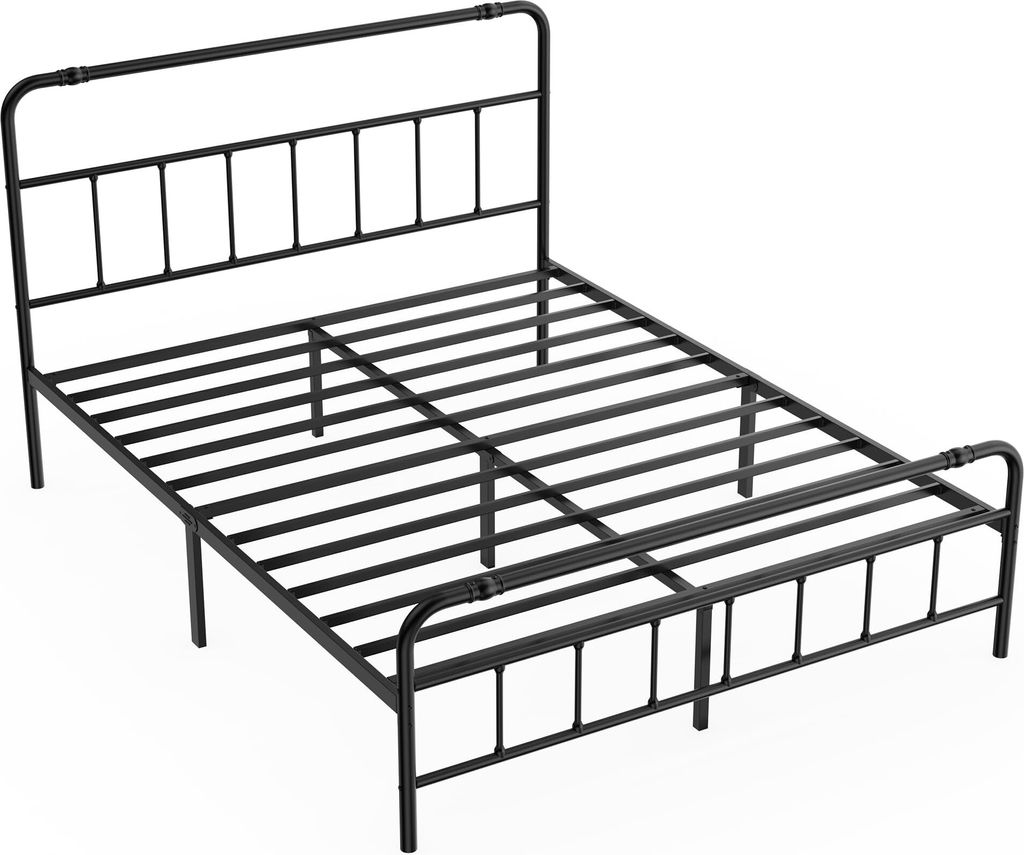 A black metal bed frame with a headboard and footboard, shown from a diagonal angle against a white background.