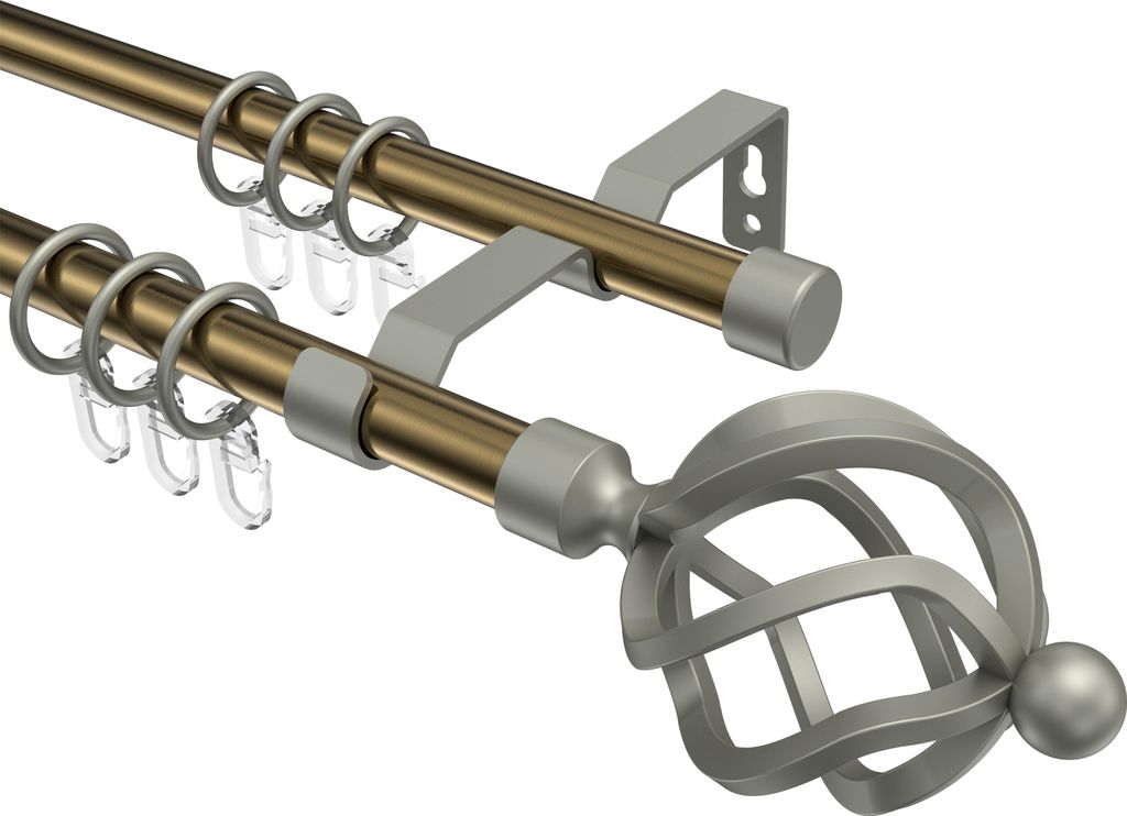 Interdeco Gardinenstange / Vorhangstange Messing Antik / Chrom matt, Typ Olymp Paolo (Schmiedekugel), 16 mm Ø 2-läufig, 140 cm