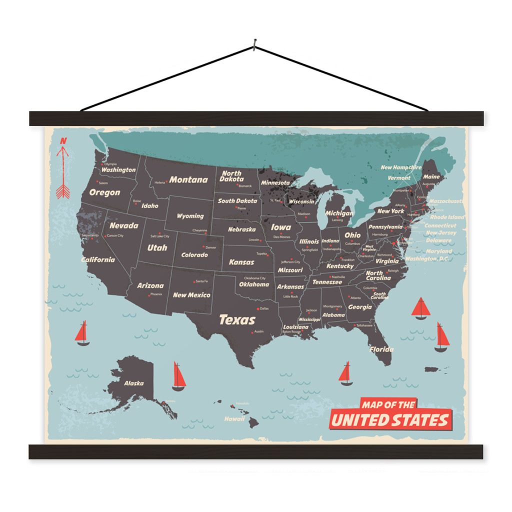 MuchoWow Textilposter Bunte Karte US vintage 40x30 cm mit schwarzem Rahmen - Dekorationen