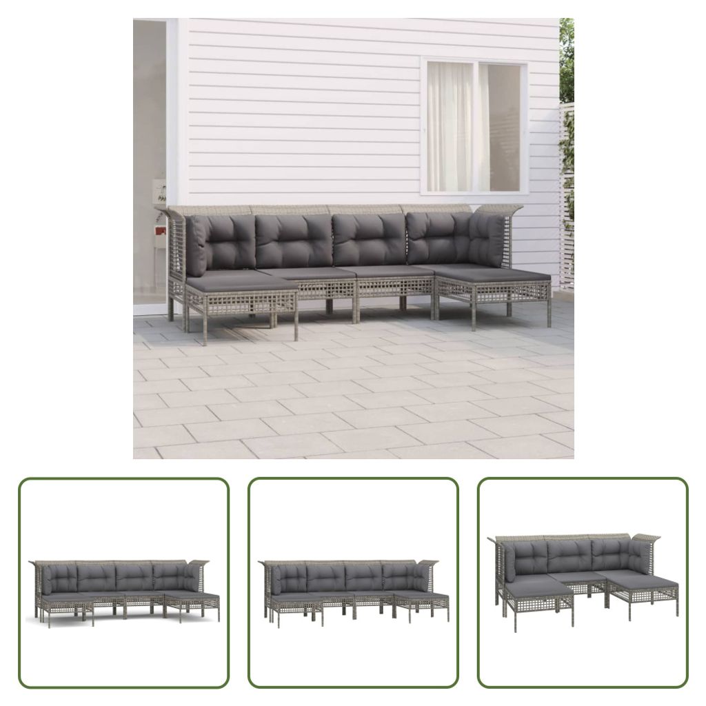 The Living Store 6-tlg. Garten-Lounge-Set mit Kissen Grau Poly Rattan