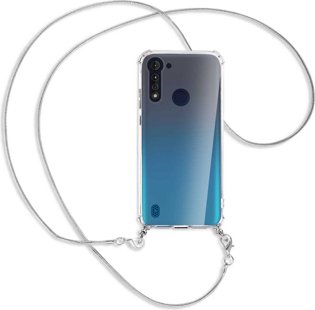 Handykette Backcover-Schutzhülle mit Band (Metall silberfarben) für Motorola Moto G8 Power Lite - silberfarbene Kette Snake