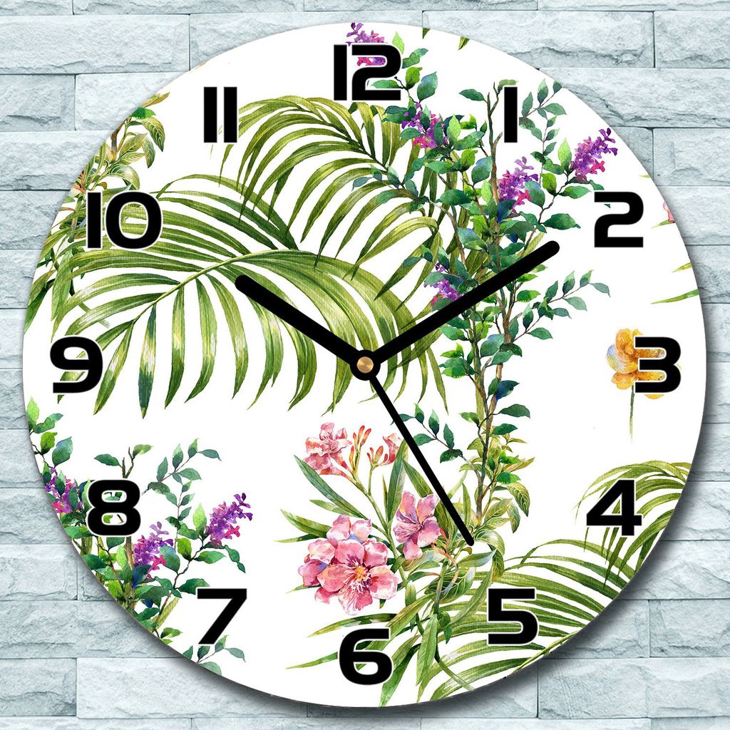 Wanduhr aus Glas Rund fi 30 Palmblatt Blumen Quarz Deko Wohnzimmer Büro