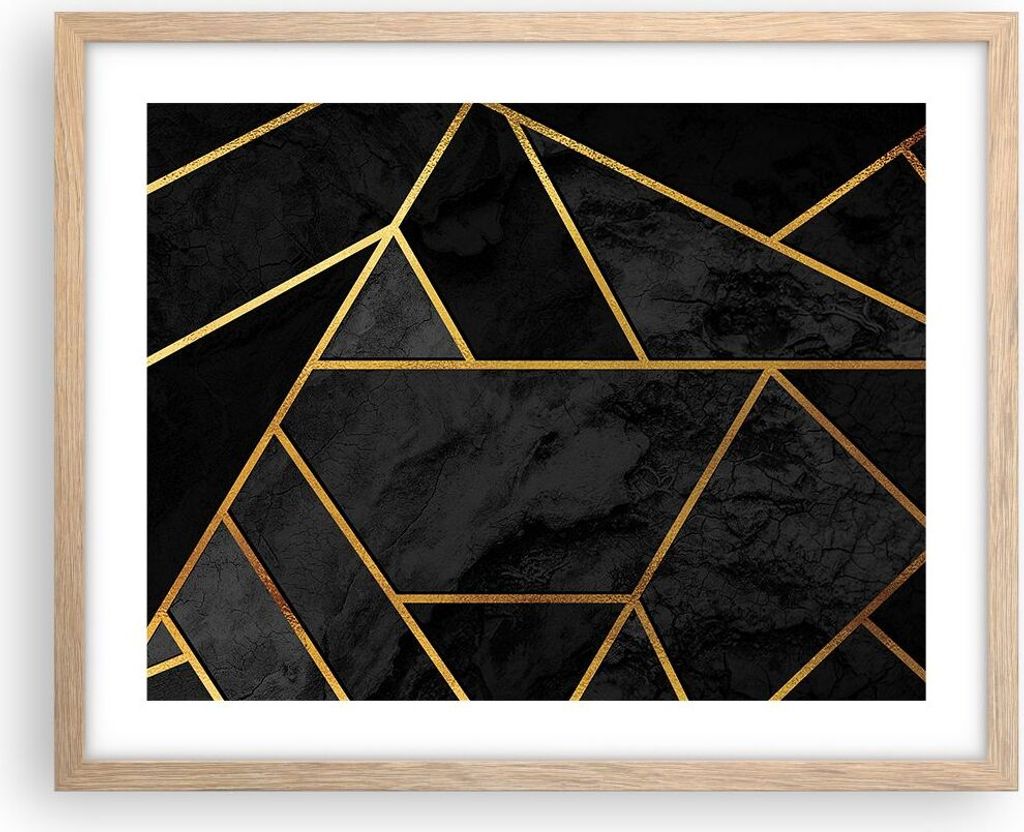 Gerahmtes Poster - Rahmen in heller Eiche - Abstraktion Gold Schwarz - 50x40 cm - Wand Bild - Wanddeko - Wandbilder - Wandposter - Bilderrahmen - B...