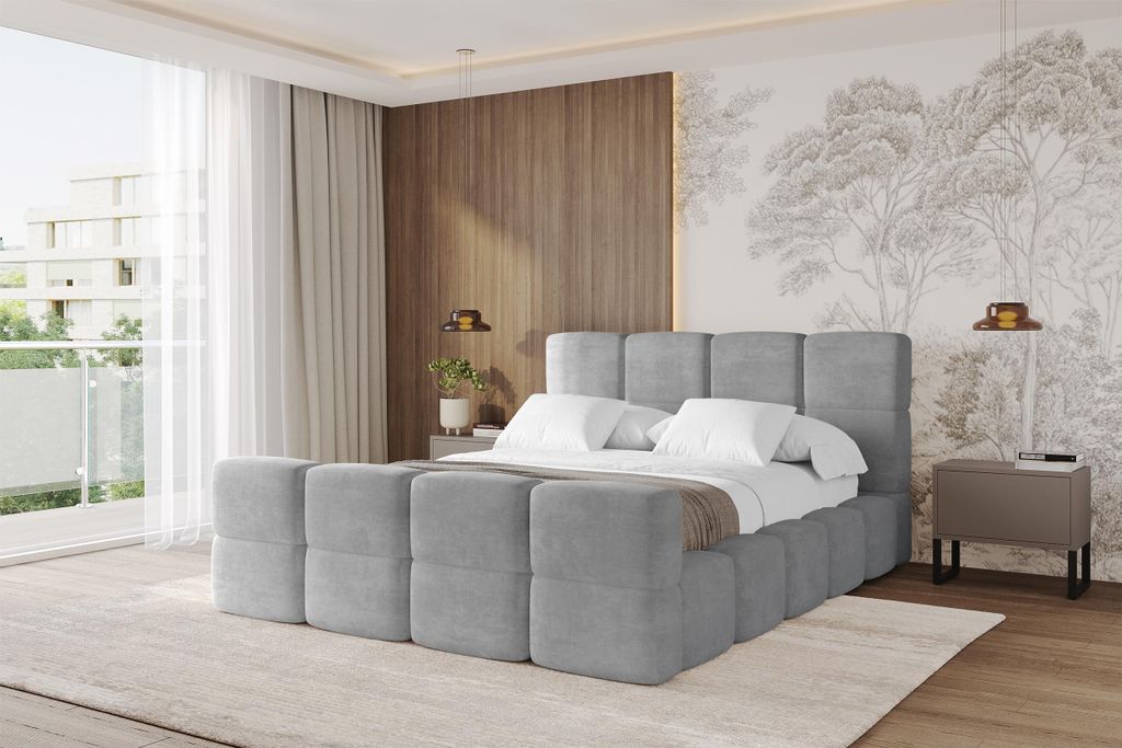 ALTDECOR Polsterbett mit Bettkasten - NATA-Z 140x200 Grau, Bett mit Kopfteil, Boxbett ohne Matratze, Doppelbett mit Stauraum