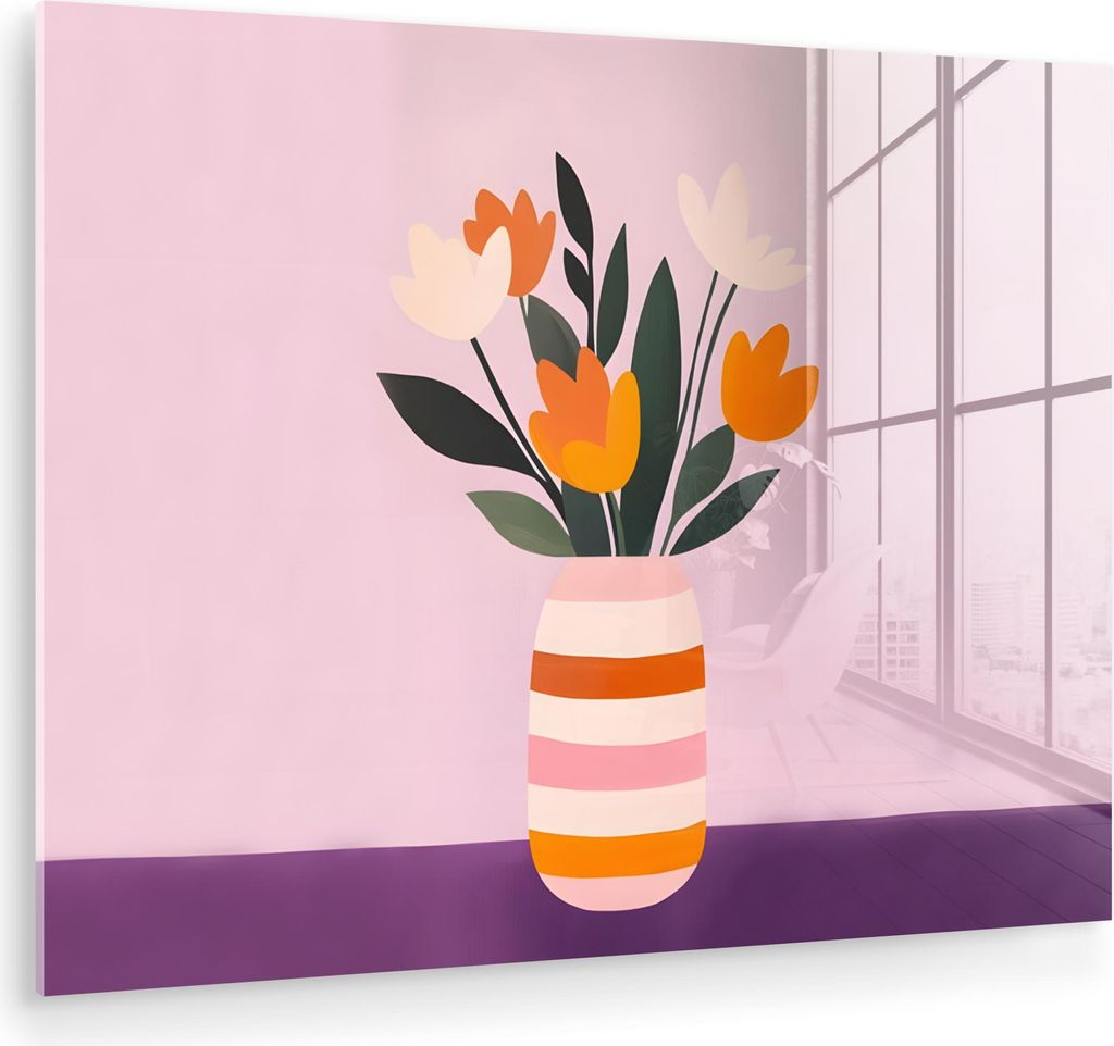 MuchoWow Glasbilder - Bilder auf Wandbild - Foto auf Glas Tulpen - Vase - Streifen - Lila 80x60 cm Wanddekoration aus Glas - Acrylglasbild - Acrylb...