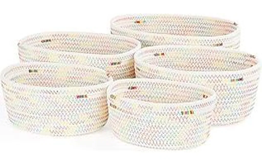 ZICOTO Set Di 5 Cestini Portaoggetti In Corda Di Cotone Color Salvia - Con Manici In Pelle, Organizer Per Mensole, Cameretta, Bagno, Ufficio, Dimensioni Varie - 4