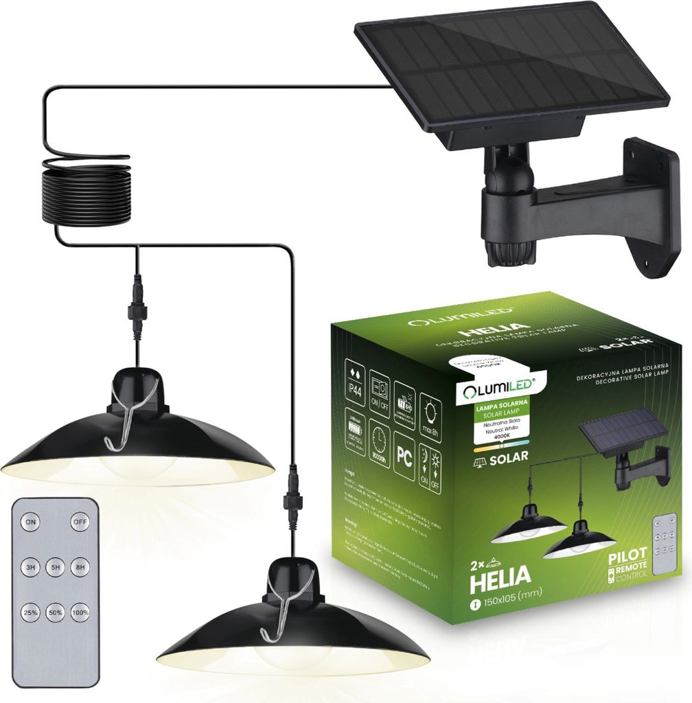 A product shot of a solar-powered hanging lamp set with its packaging and remote control.