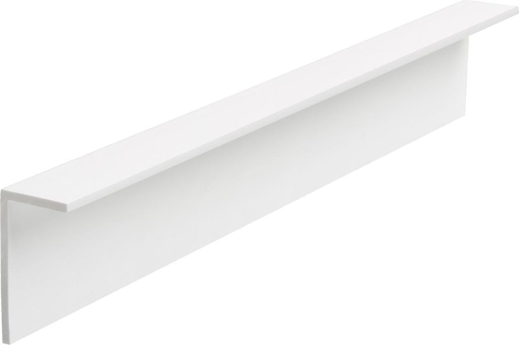 A white L-shaped profile or corner guard is shown against a white background.