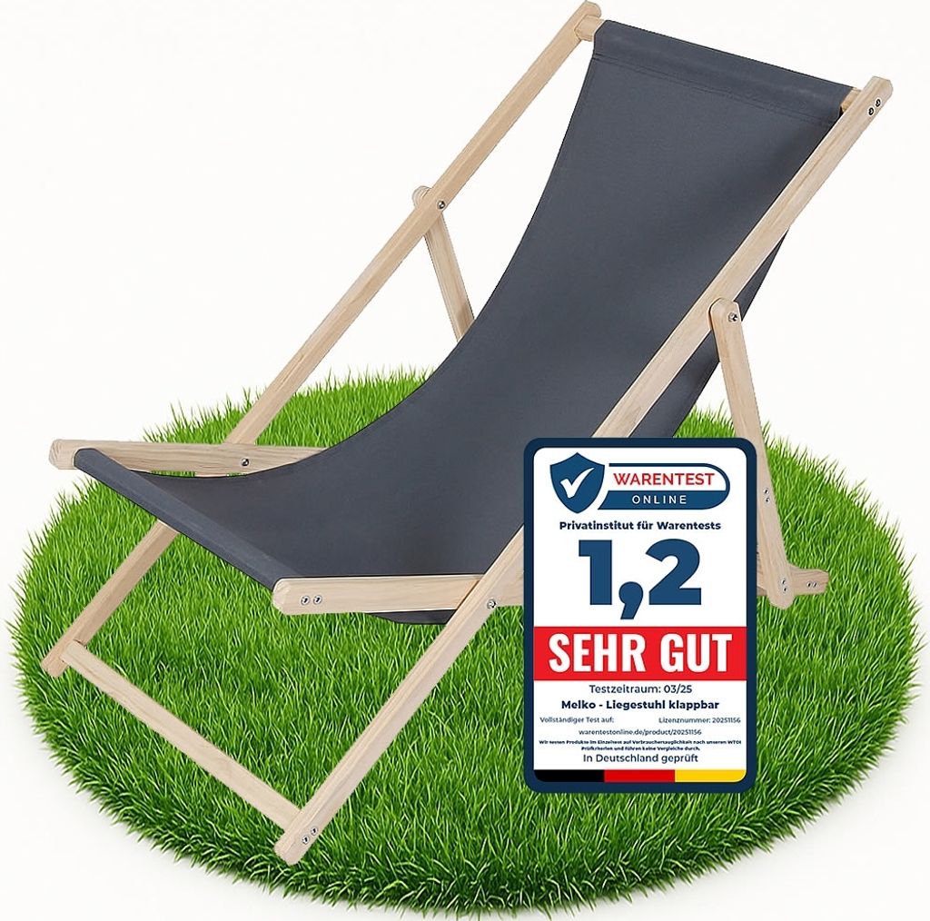 A dark gray deck chair is placed on a circular patch of green grass, with a promotional badge to the right.