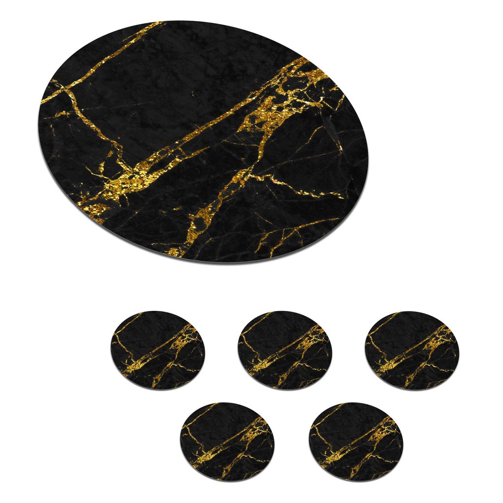 KitchenYeah Glasuntersetzer Rund 6er Set Marmor - Gold - Schwarz - Hip 10x10 cm Untersetzer für Gläser - Getränkeuntersetzer - Tischplattensch...
