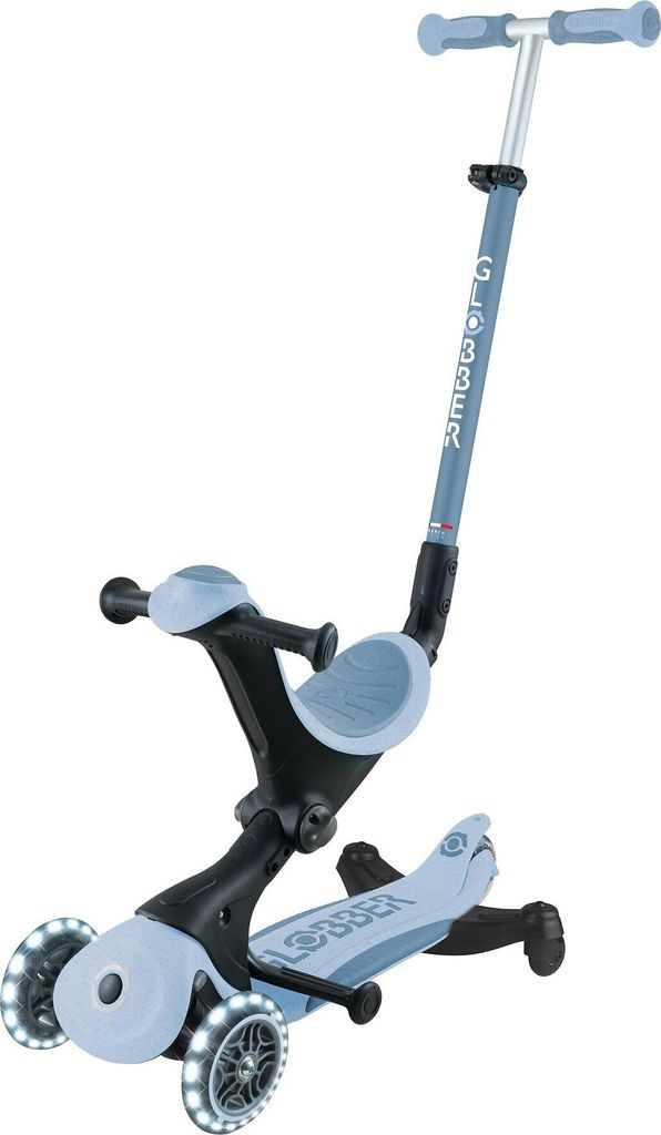 GLOBBER GO-UP DELUXE LIGHTS ECO 360 – 3 in 1 Aufsitzrad, Laufrad, Scooter, 120/80 mm, 3-rädrig, verstellbar, blaubeere