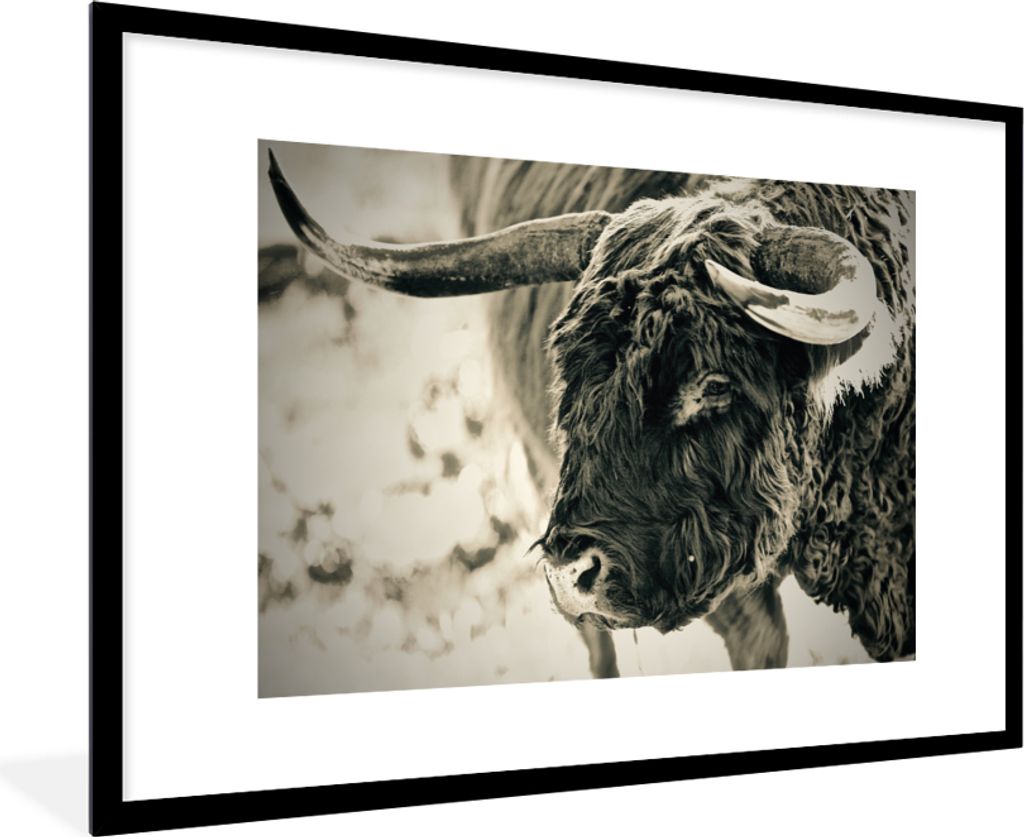 MuchoWow MuchoWow Gerahmtes Poster Schottisches Hochlandrind - Schnee - Hörner 90x60 cm - Poster mit zchwarzem Bilderrahmen - Wanddekoration -...