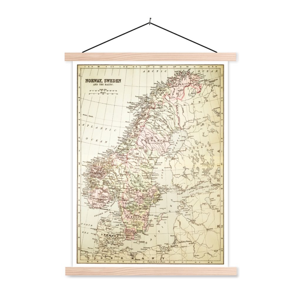 MuchoWow Textilposter Antike und detaillierte Karte von Norwegen und Schweden 60x80 cm mit holzfarbenen Rahmen - Wandbild