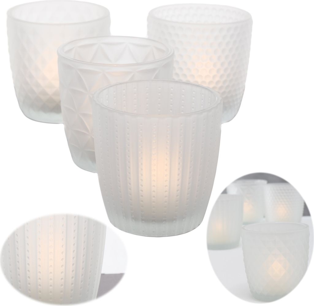 LS-LebenStil 4 ́er Set Glas Teelichthalter Retro Weiß Matt 7cm Teelichtglas Windlichthalter Kerzenhalter Kerzenglas Kerzenständer für Teelichter