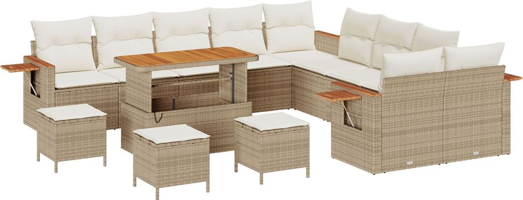 Möbel 14-teiliges Garten Sofa Set mit Kissen Beige Poly Rattan Akazie, 4-teiliges Garten Esszimmer Set mit Kissen Beige Poly Rattan Akazie - Garte...