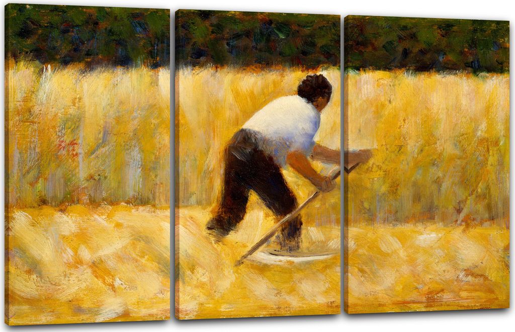 Leinwandbild 3-teilig (120x80cm): Georges Seurat - Der Mäher, echter Holz-Keilrahmen inkl. Aufhänger, handgefertigt in Deutschland
