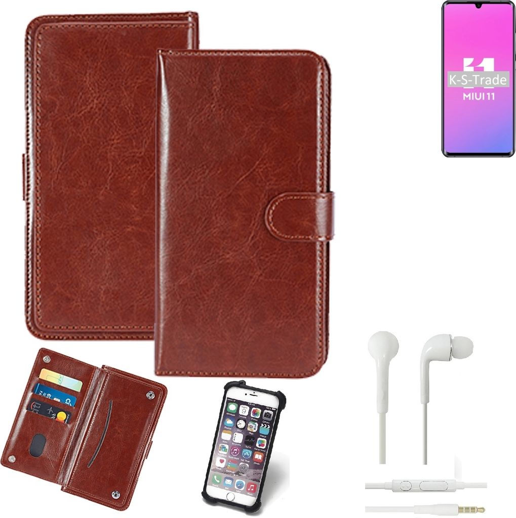 K-S-Trade 360° Hülle kompatibel mit Xiaomi Mi Note 10 Lite inkl. Headphones braun Kunstleder Case BookCase WalletCase Kunstlederederhülle