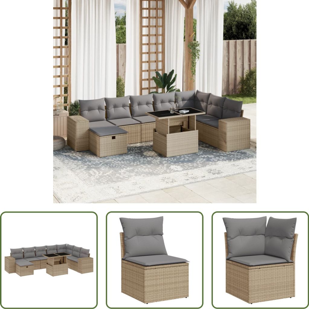 The Living Store 9-tlg. Garten-Sofagarnitur mit Kissen Beige Poly Rattan