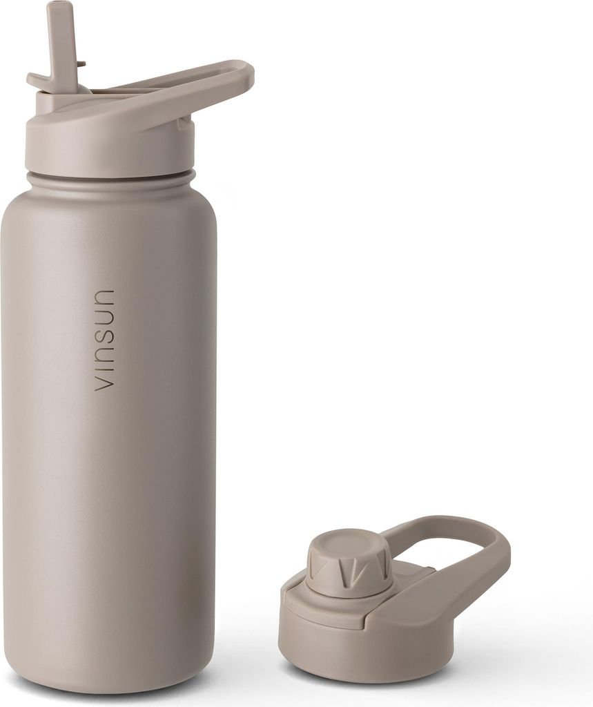 Trinkflasche Edelstahl 1L Thermoflasche Sport Gym Flasche isoliert taupe Vinsun