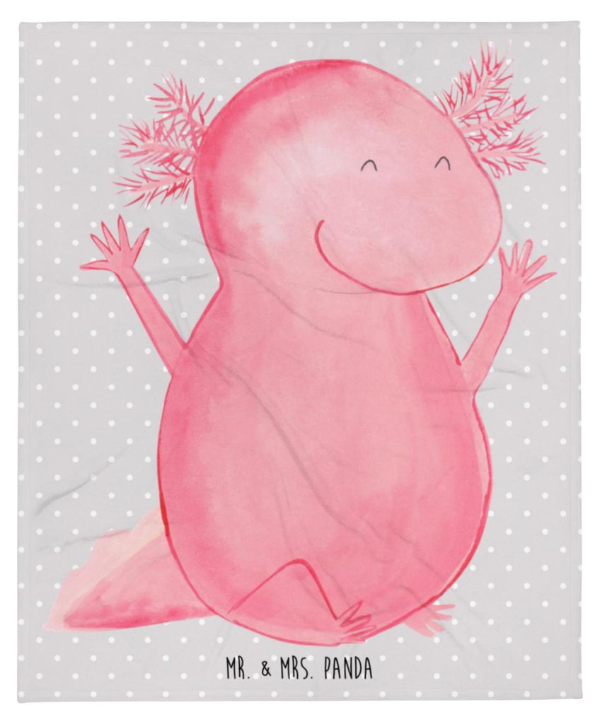 Mr. & Mrs. Panda Decke Axolotl Hurra - Grau Pastell - Geschenk, Fröhlich, Plaid, Warme, Tagesdecke, Freude, Spaß, Kuscheldecke, Sofaüberwurf