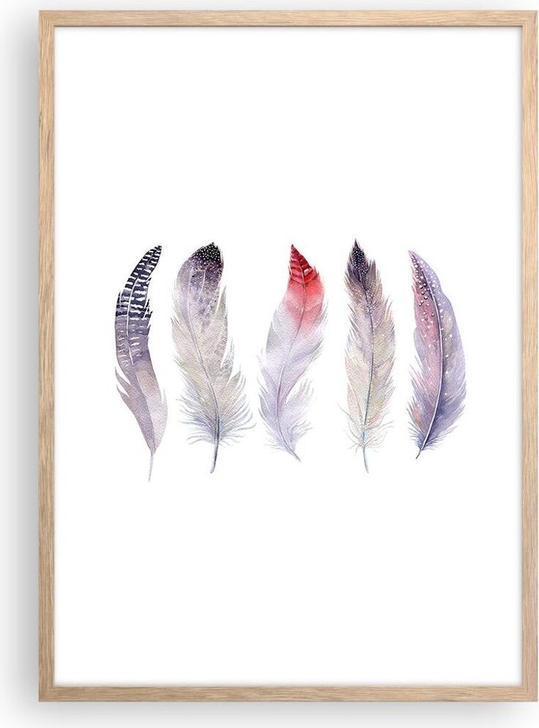 Gerahmtes Poster - Rahmen in heller Eiche - Feder Tier Vogel Komposition - 50x70 cm - Wand Bild - Wanddeko - Wandbilder - Wandposter - Bilderrahmen...