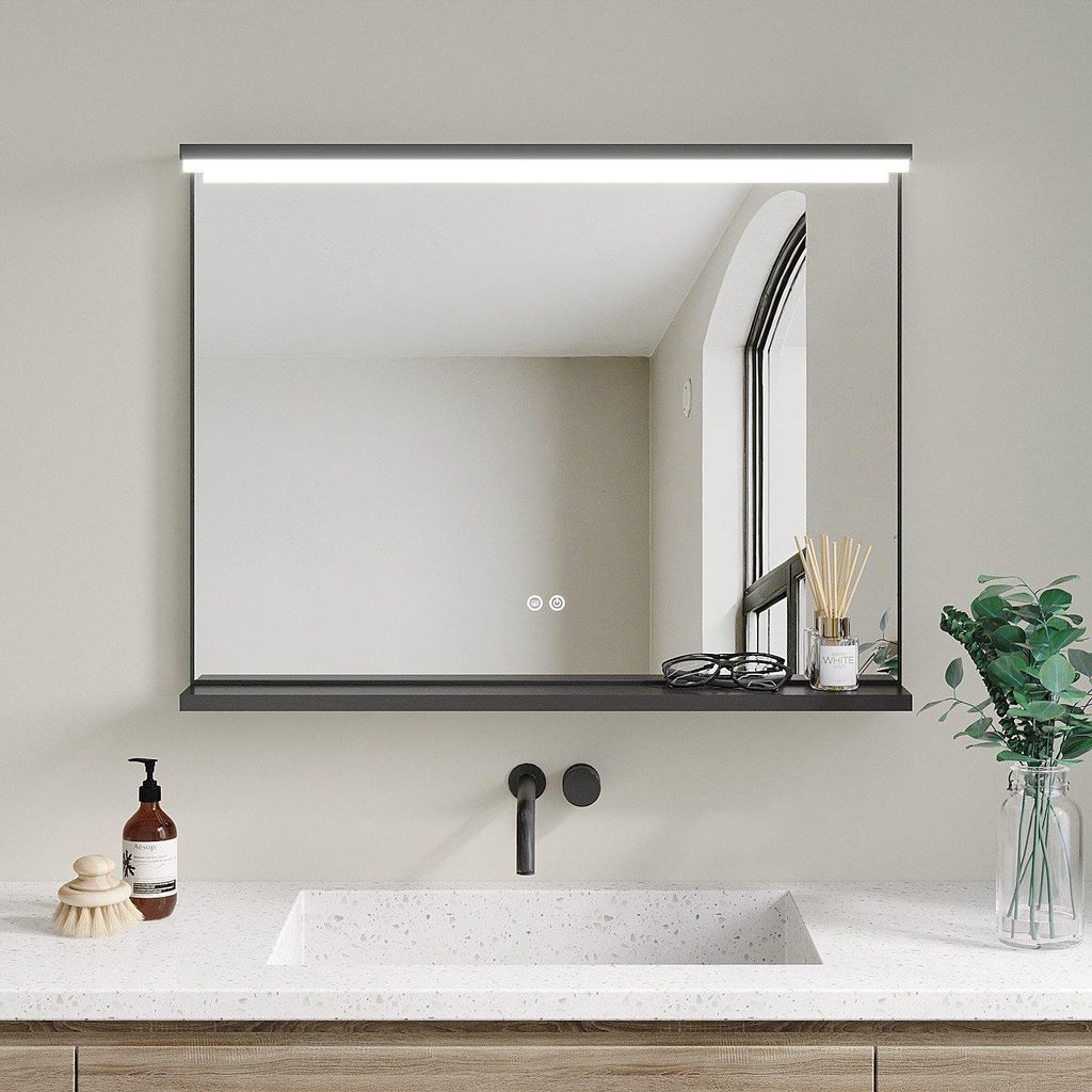 LED-Badspiegel mit Beleuchtung | Touch-Dimmer | Anti-Beschlag | Kaltweiß 6400K | Wandmontage Spiegel | Badezimmerspiegel mit Ablage 80x60 cm