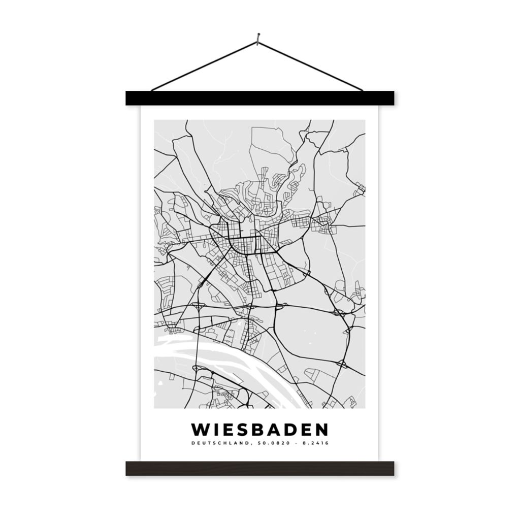MuchoWow Textilposter Wiesbaden - Karte - Stadtplan - Deutschland - Karte 40x60 cm mit schwarzem Rahmen - Wanddekorationen