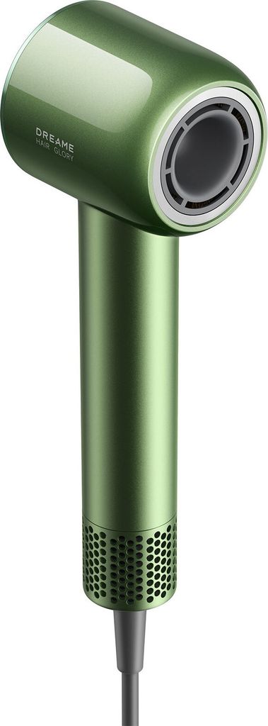 A green hairdryer is shown against a white background.