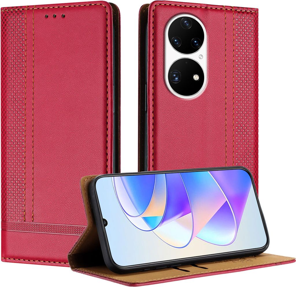 Handyhülle für Huawei P50 Pro Leder Flip Klappbare Schutzhülle mit Standfunktion Rot
