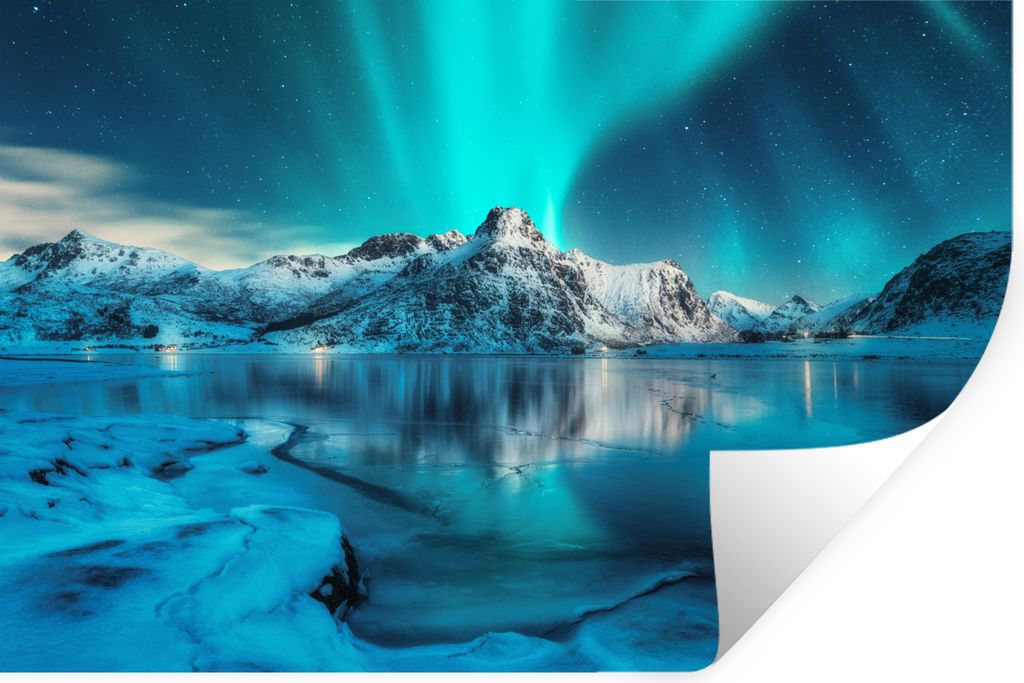 MuchoWow Wandtattoo Wandsticker Wandaufkleber Nordlicht - Eis - Schnee - Norwegen - Blau - Berge 120x80 cm Selbstklebend und Repositionierbar - S...