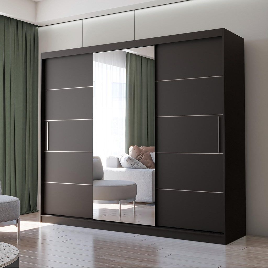 Schwebetürenschrank Kleiderschrank Schrank 250cm Schwarz/Schwarz mit Spiegel und LED-Beleuchtung Alba