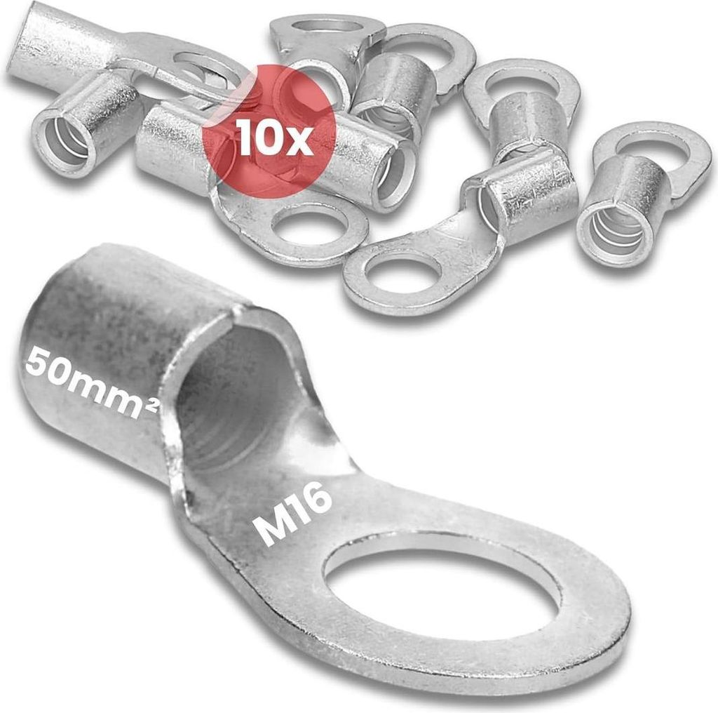 10 Stück Kalitec Q50-16 Quetschkabelschuh 50mm² M16 I Unisoliert I Dornpressung I Für mehr-, fein- und feinstdrähtige Leiter I Kabelschuh 50mm...