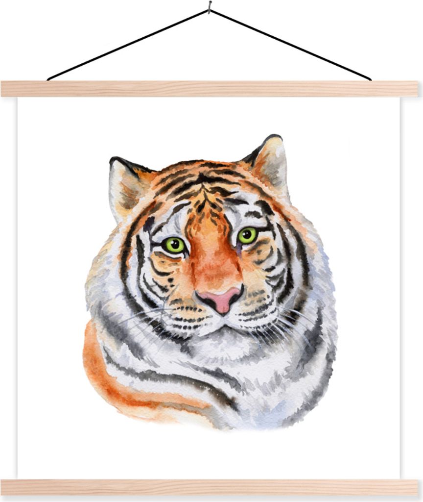 MuchoWow Textilposter Tiger - Augen - Grün 120x120 cm mit holzfarbenen Rahmen - Textil-Poster