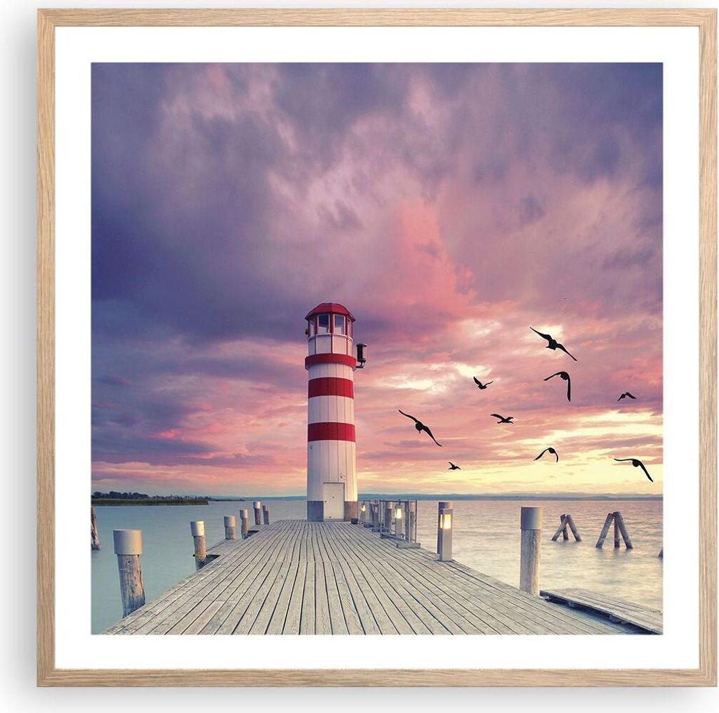 Gerahmtes Poster - Rahmen in heller Eiche - Laterne Meer Küste - 60x60 cm - Wand Bild - Wanddeko - Wandbilder - Kunstposter - Wandposter - Bilderr...