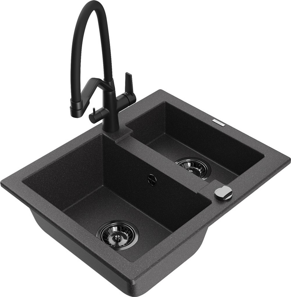 Mexen Carlos 1,5-Becken-Granitspüle mit Mischbatterie Duo, Schwarz gesprenkelt - 6518-76-671701-70-B