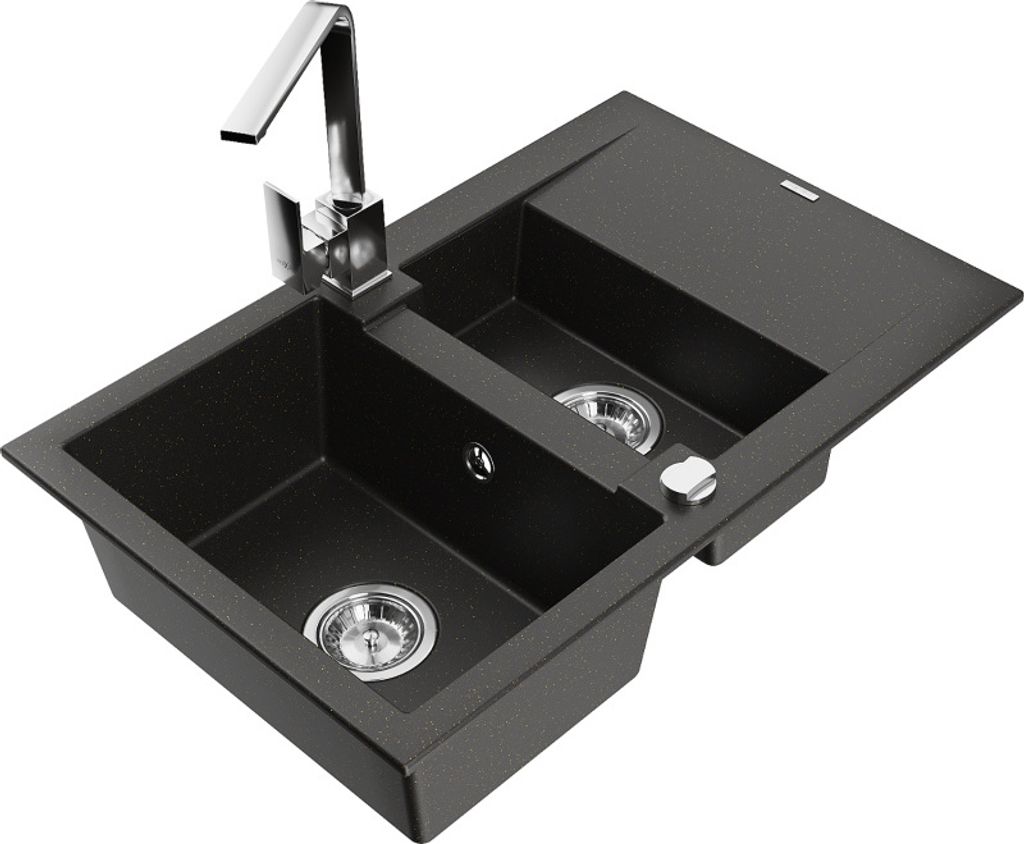 Mexen Gaspar 1,5-Becken-Granitspüle mit Abtropffläche und Mischbatterie Rita, Schwarz/Gold - 6507-75-670300-00