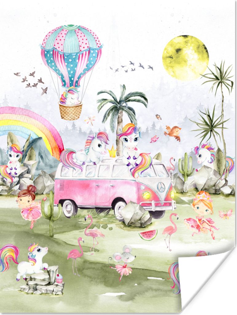 MuchoWow Poster Einhorn - Regenbogen - Kinder - Mädchen - Auto 30x40 cm - Wandplakat - Poster Kinderzimmer