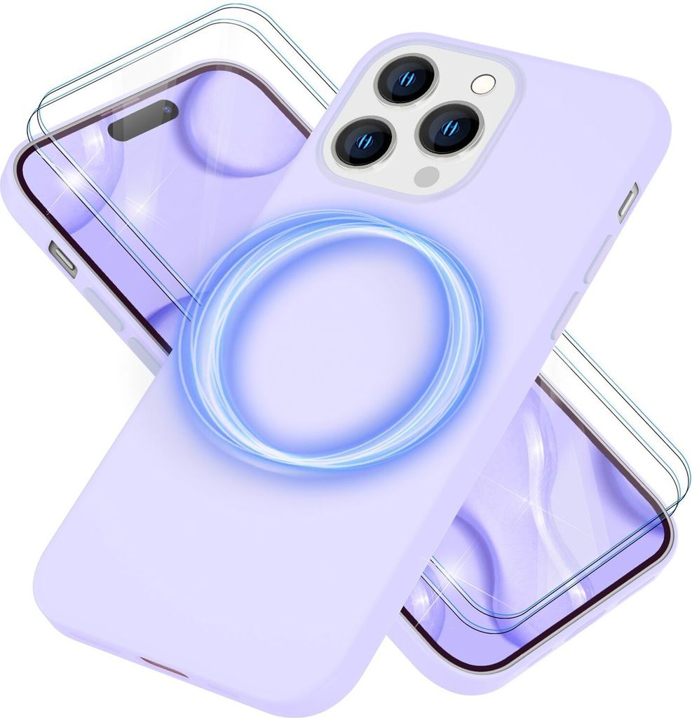 MagSafe Hülle mit 2x Schutz Glas für iPhone 14 Pro, Easy Clean Silikon Cover Lila