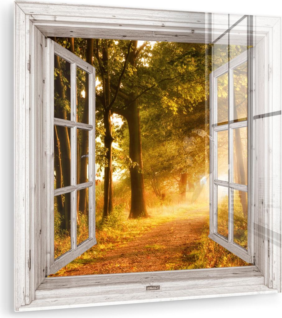 MuchoWow Glasbilder - Bilder auf Wandbild - Foto auf Glas Wald - Bäume - Sonnenlicht - Herbst - Waldweg - Natur - Ausblick 90x90 cm Wanddekoration...