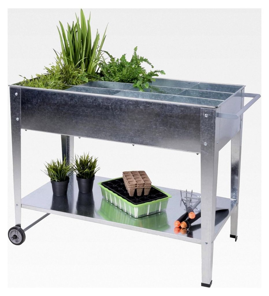 Rollbares Metall Hochbeet für Kräuter - 110 x 52 cm - Pflanzkasten mit 12 Fächern und Ablage - Gemüsebeet, Kräuterbeet, Blumenbeet mit Ablage ...
