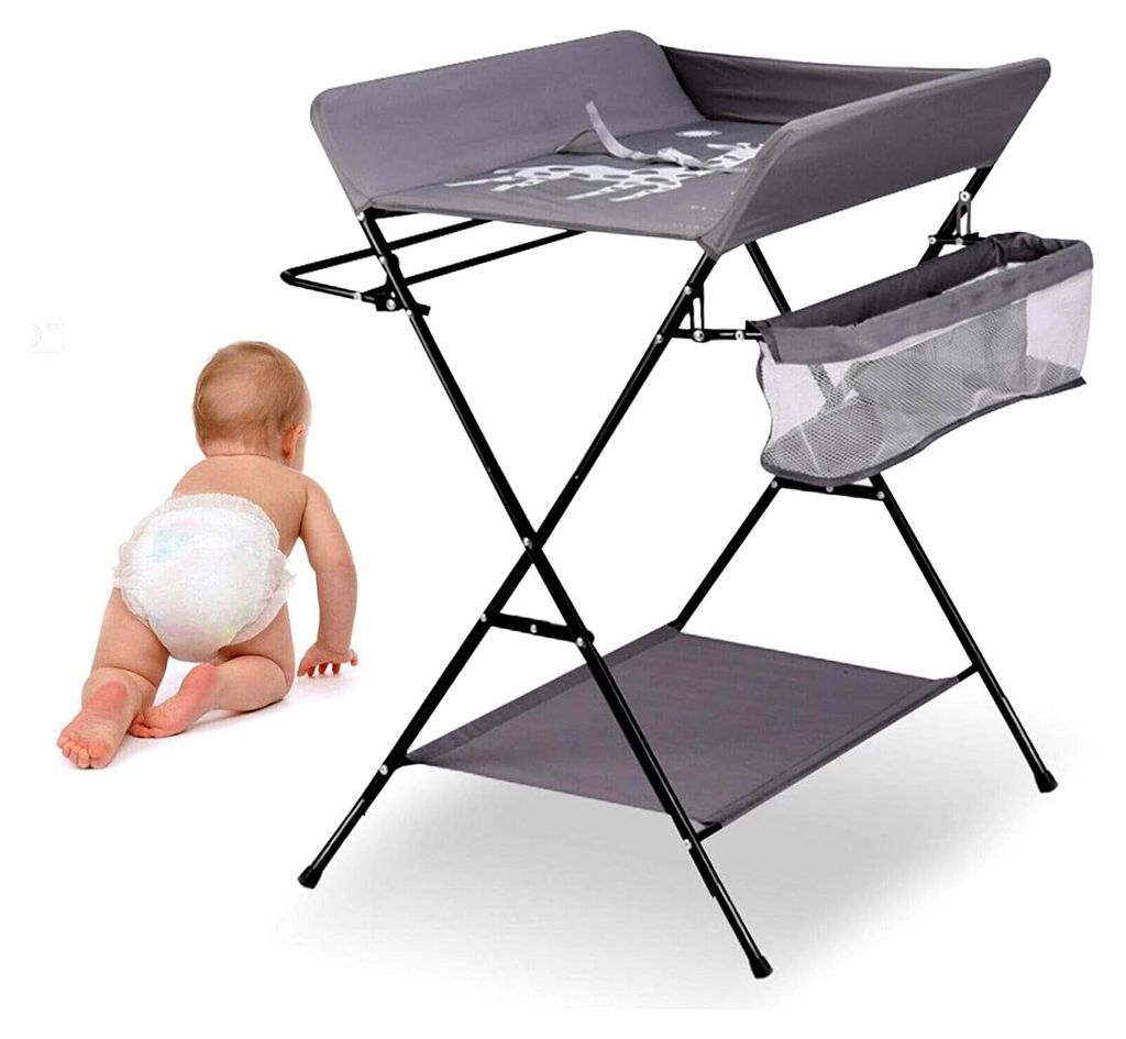 Wickeltisch, faltbar, für die Geburt des Babys, mit Aufbewahrungskorb an der Seite + Rollen, Gestell aus Eisen, abnehmbar und faltbar für einfach...
