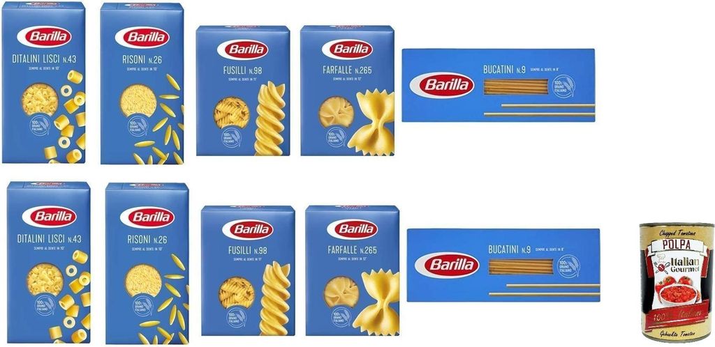 TESTPAKET Pasta Barilla italienisch (10 x 500g) 5 Arten von Nudeln (Bucatini-Fusilli-Risoni-Ditalini Lisci-Farfalle) + Italian gourmet polpa 400g