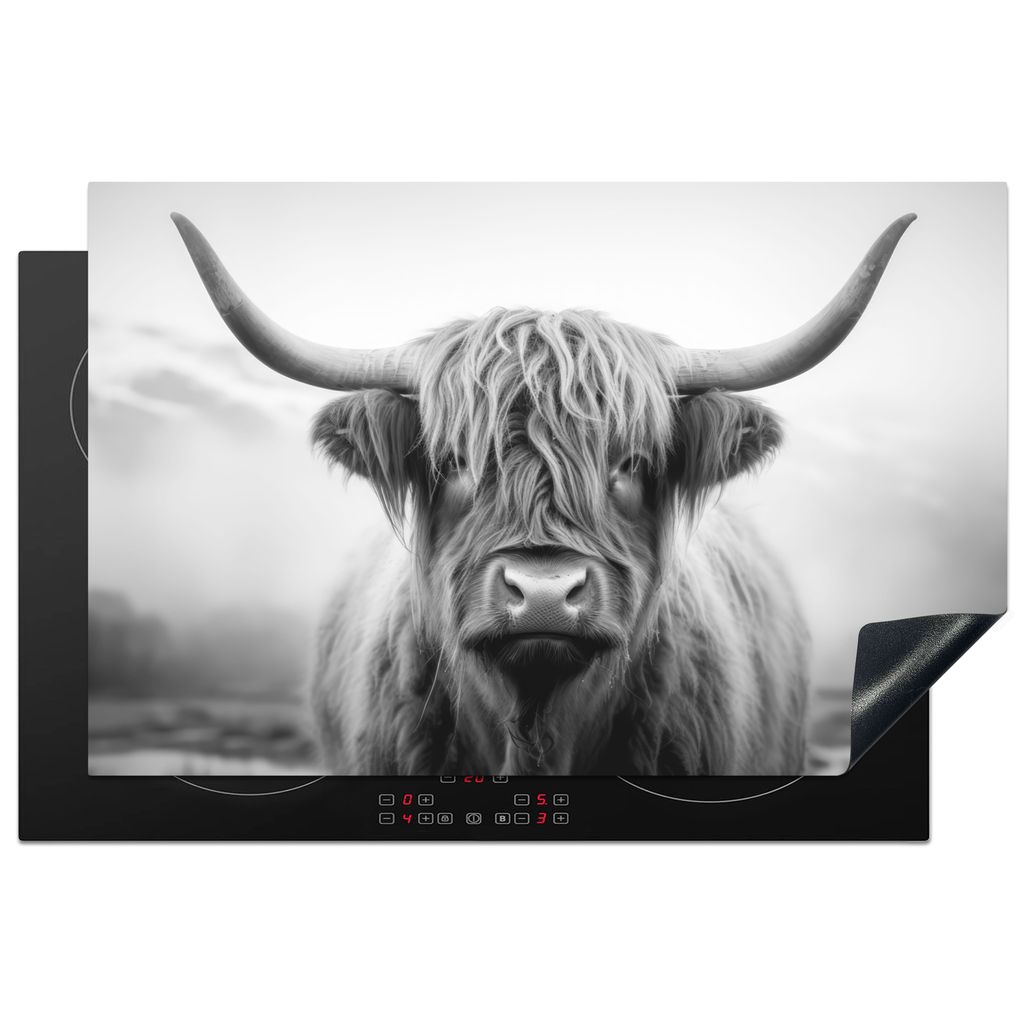 KitchenYeah Herdabdeckplatte Schottischer Highlander - Tier - Grau , 80x52cm, Küche Deko, Glaskeramikkochfeld Herdabdeckung, Abdeckplatte fùr K...