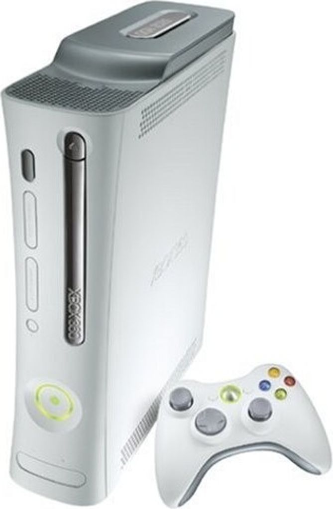 A white Xbox 360 console and a white controller are shown against a white background.