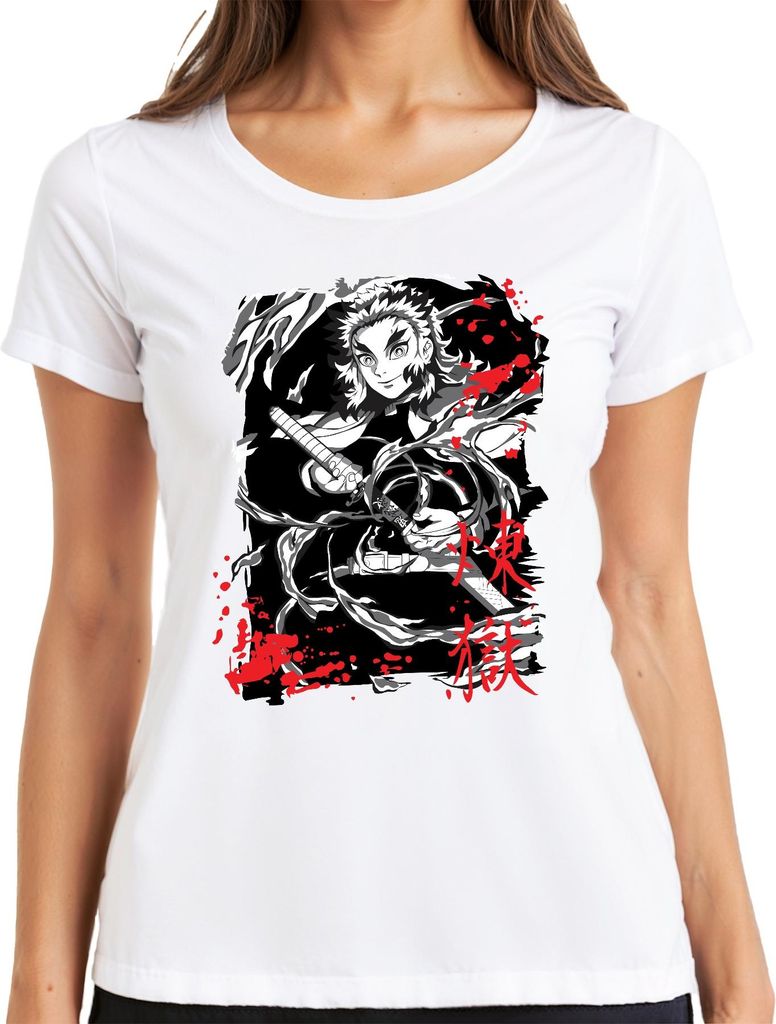 Rengoku Kimetsu no Yaiba Flammen Schwert Anime Fan grunge Damen T-Shirt, Weiß, XXL