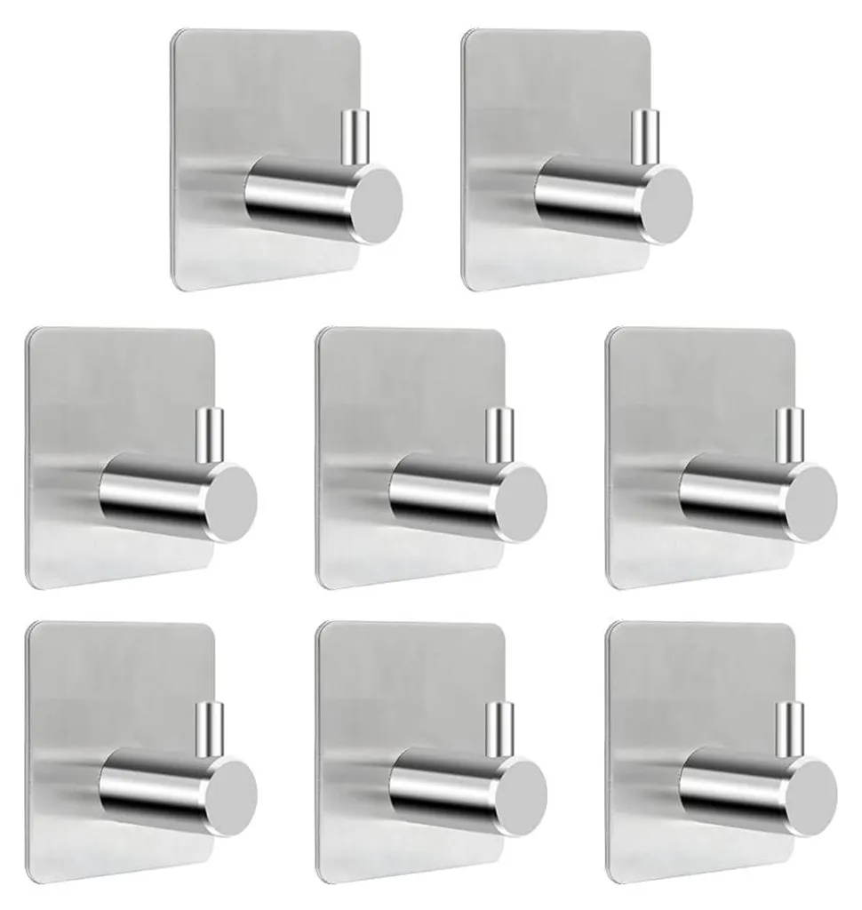 Patère de Salle de Bain Adhésive en Inox Argenté Lot de 8 Crochets Muraux