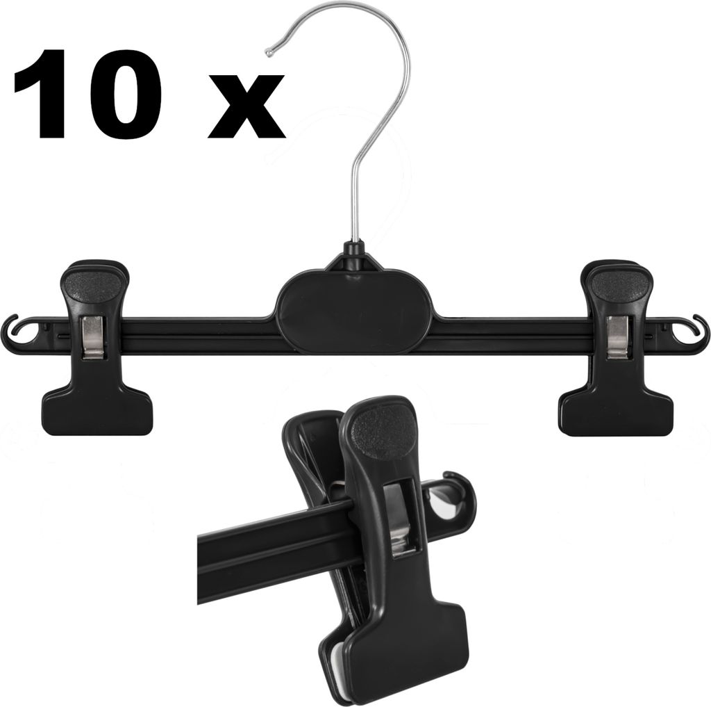 10 Set Kleiderbügel Kunststoff schwarz, Breite 26 cm Hosensteg drehbarer Haken