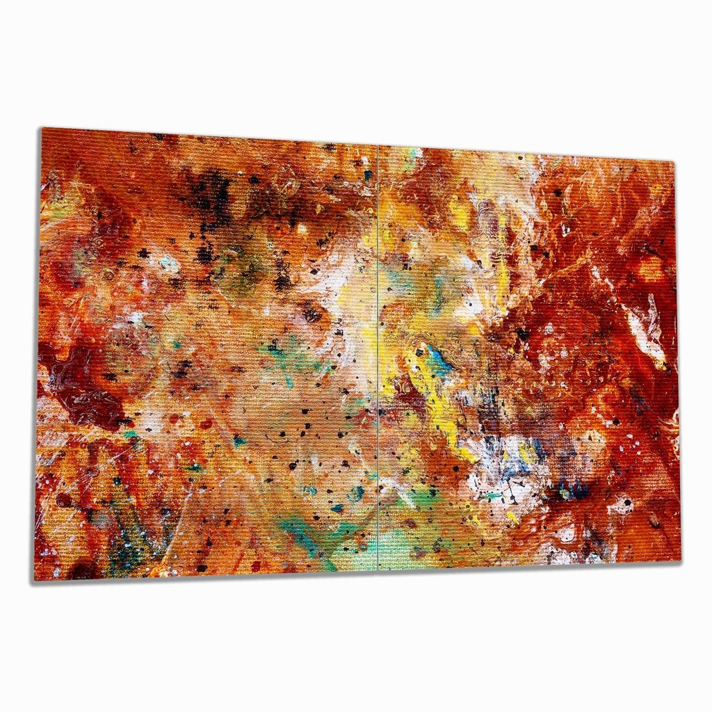 Wallario Herdabdeckplatte aus Glas, Größe 80 x 52 cm 2-teilig, Motiv Künstlerische bunte Leinwand - Farbkleckse und Tupfer