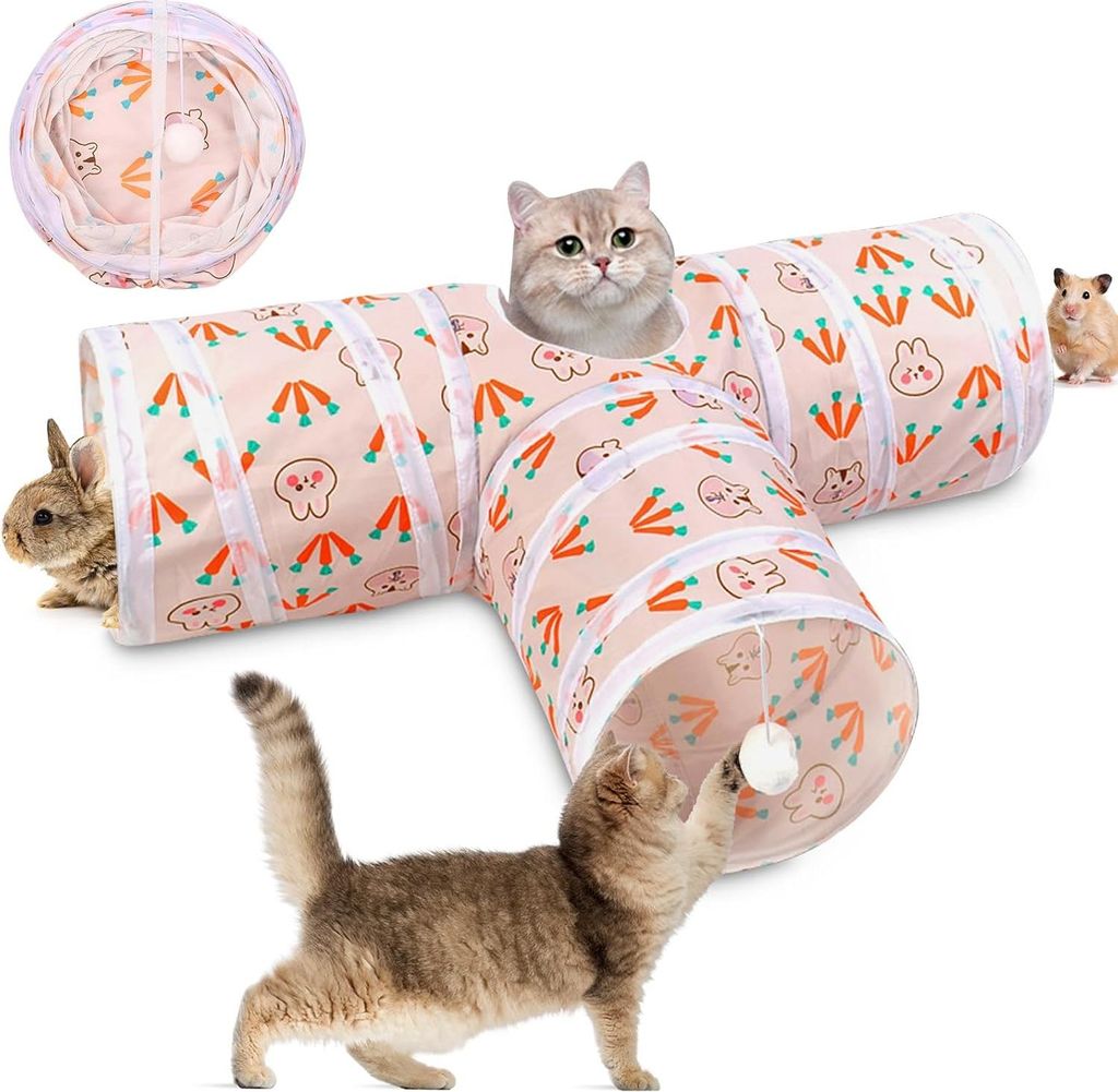 Interaktives Katzenspielzeug - faltbarer Katzentunnel - Spieltunnel für kleine Katzen - Hunde - Kaninchen - Rasseltunnel - 3-Wege Kaninchentunnel ...