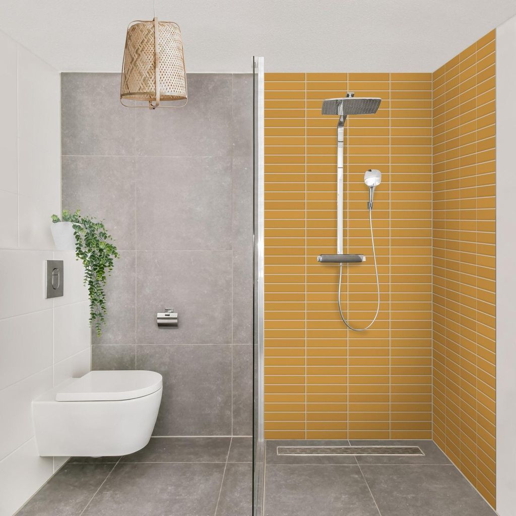 Duschrückwand mit Motiv selbstklebend - 0.61 mm Wandpaneel wasserfest Design orange Fliesenoptik Unifarben Badrückwand fugenlos Premium matt 110...